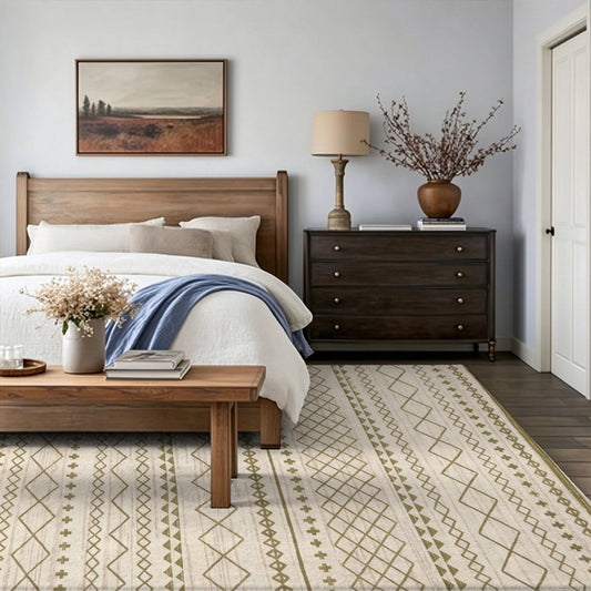 Olive Tribal Stripes Washable Area Rug, Sage Green Cream Southwestern Non Slip Rug for Living Room
