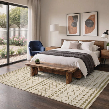 Olive Tribal Stripes Washable Area Rug, Sage Green Cream Southwestern Non Slip Rug for Living Room