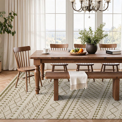 Olive Tribal Stripes Washable Area Rug, Sage Green Cream Southwestern Non Slip Rug for Living Room