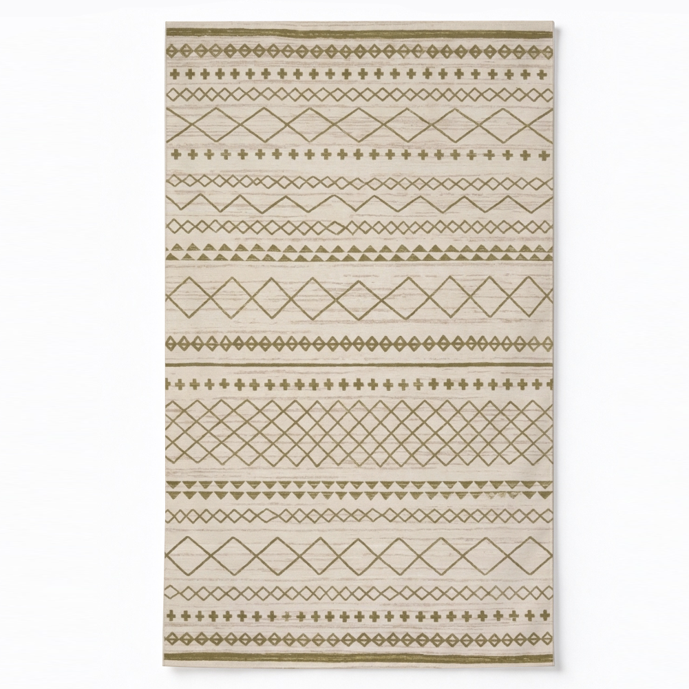 Olive Tribal Stripes Washable Area Rug, Sage Green Cream Southwestern Non Slip Rug for Living Room