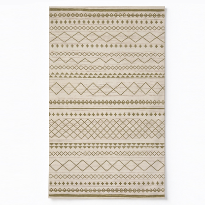 Olive Tribal Stripes Washable Area Rug, Sage Green Cream Southwestern Non Slip Rug for Living Room