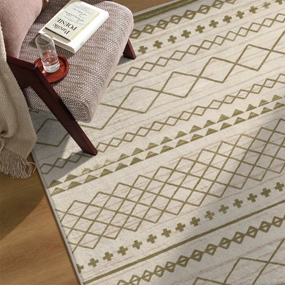 Olive Tribal Stripes Washable Area Rug, Sage Green Cream Southwestern Non Slip Rug for Living Room