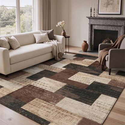 Patchwork Brown Washable Area Rug, Beige Tan Vintage Geometric Non Slip Rug for Living Room