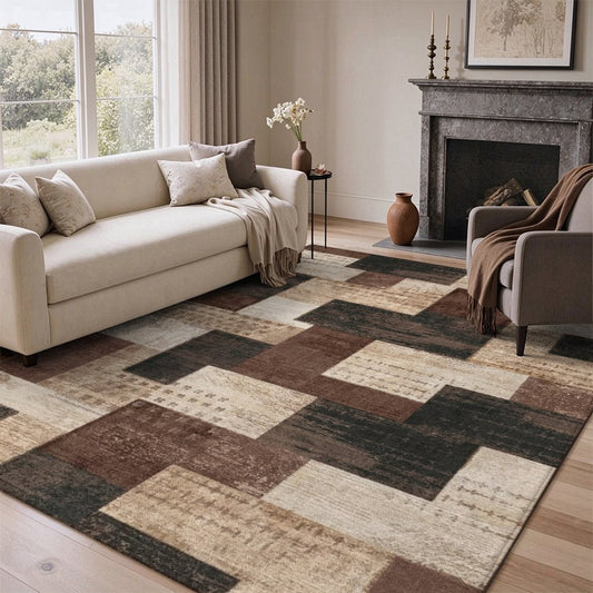 Patchwork Brown Washable Area Rug, Beige Tan Vintage Geometric Non Slip Rug for Living Room
