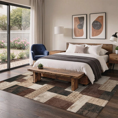 Patchwork Brown Washable Area Rug, Beige Tan Vintage Geometric Non Slip Rug for Living Room