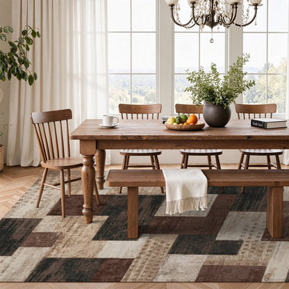 Patchwork Brown Washable Area Rug, Beige Tan Vintage Geometric Non Slip Rug for Living Room