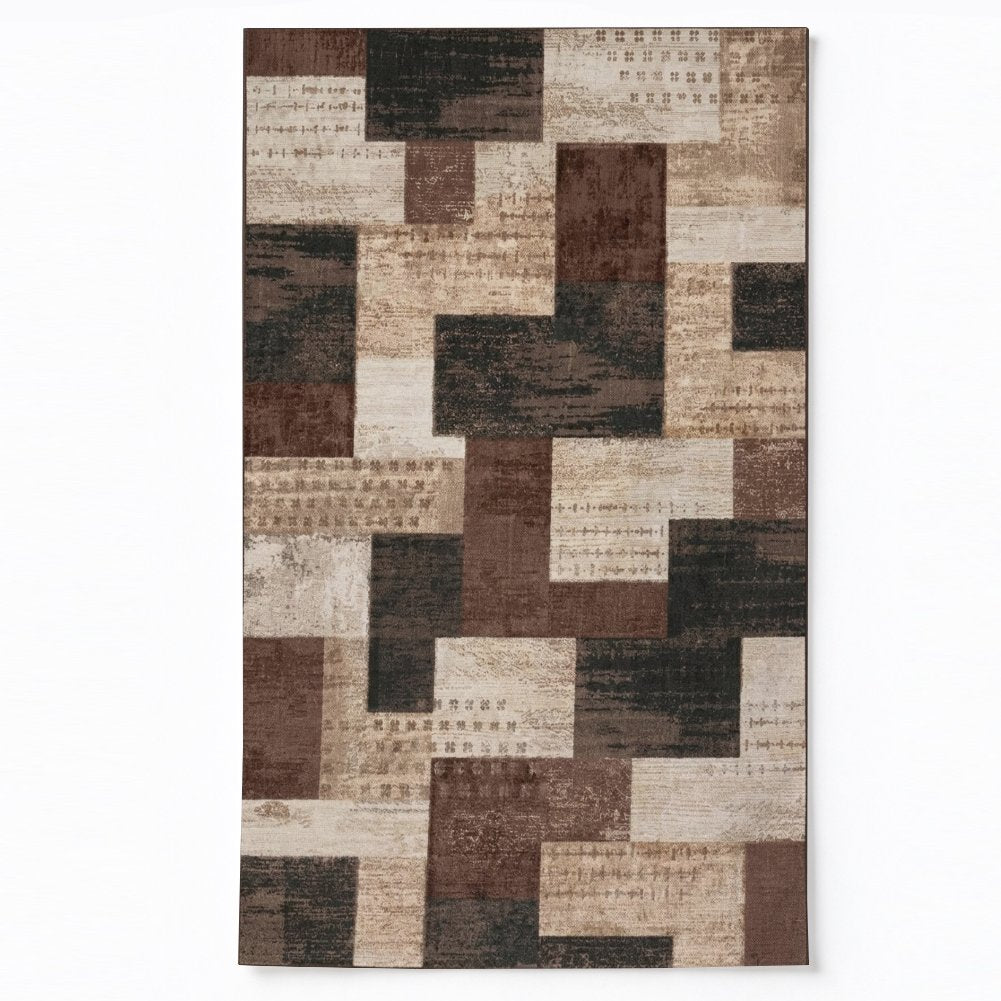 Patchwork Brown Washable Area Rug, Beige Tan Vintage Geometric Non Slip Rug for Living Room