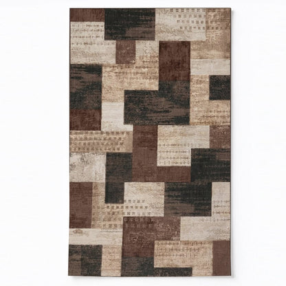 Patchwork Brown Washable Area Rug, Beige Tan Vintage Geometric Non Slip Rug for Living Room