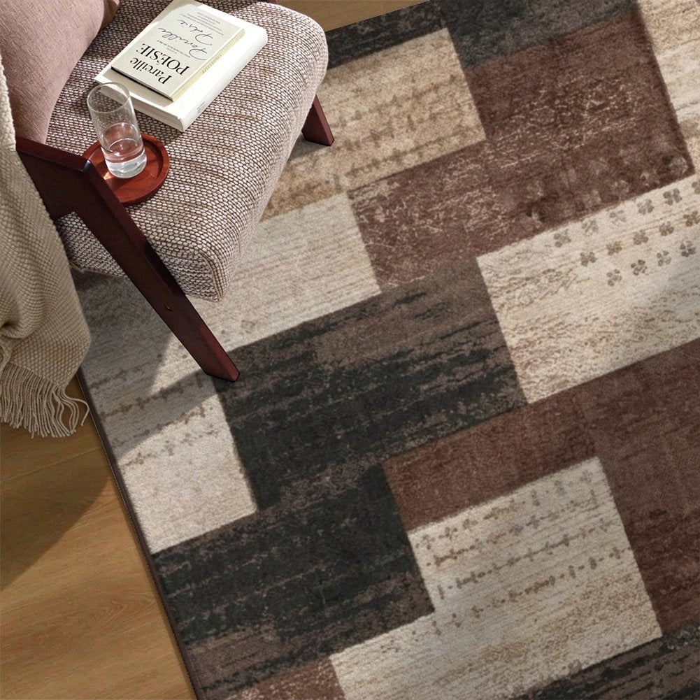 Patchwork Brown Washable Area Rug, Beige Tan Vintage Geometric Non Slip Rug for Living Room