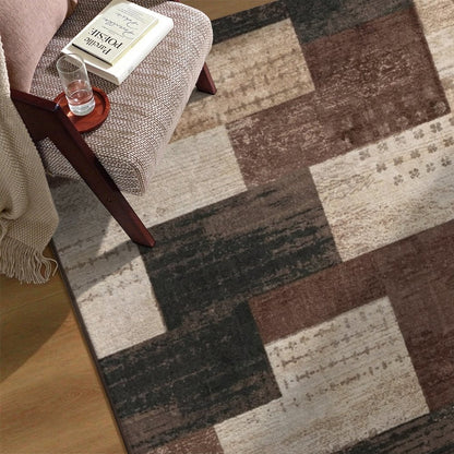 Patchwork Brown Washable Area Rug, Beige Tan Vintage Geometric Non Slip Rug for Living Room