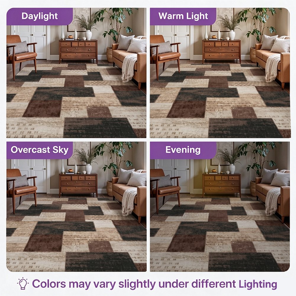 Patchwork Brown Washable Area Rug, Beige Tan Vintage Geometric Non Slip Rug for Living Room