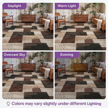Patchwork Brown Washable Area Rug, Beige Tan Vintage Geometric Non Slip Rug for Living Room