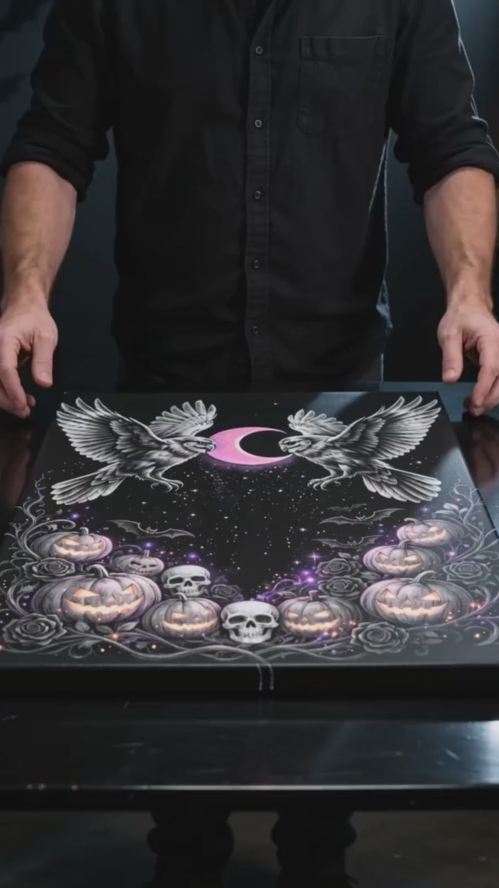 Moonbound Owl Coven Halloween canvas shown at vertical scale
