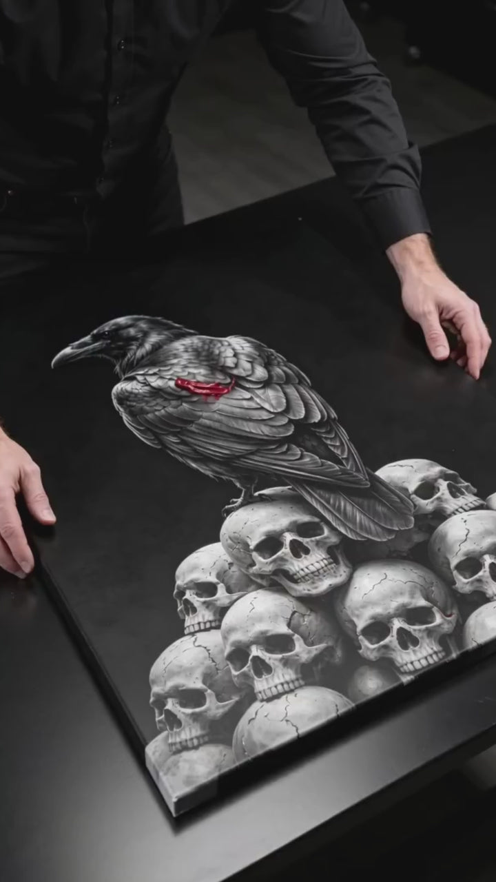 Crimson Omen Raven Halloween canvas shown in hand