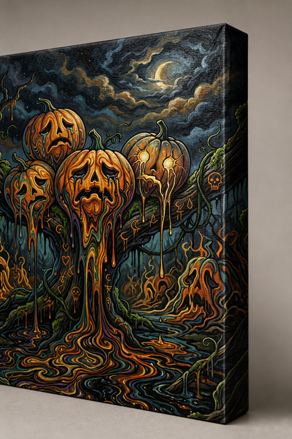Weeping Pumpkin Grove Halloween canvas wall art - gallery-wrapped edge and canvas texture detail