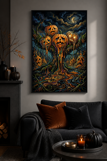 Weeping Pumpkin Grove Halloween canvas wall art - Black Frame lifestyle view