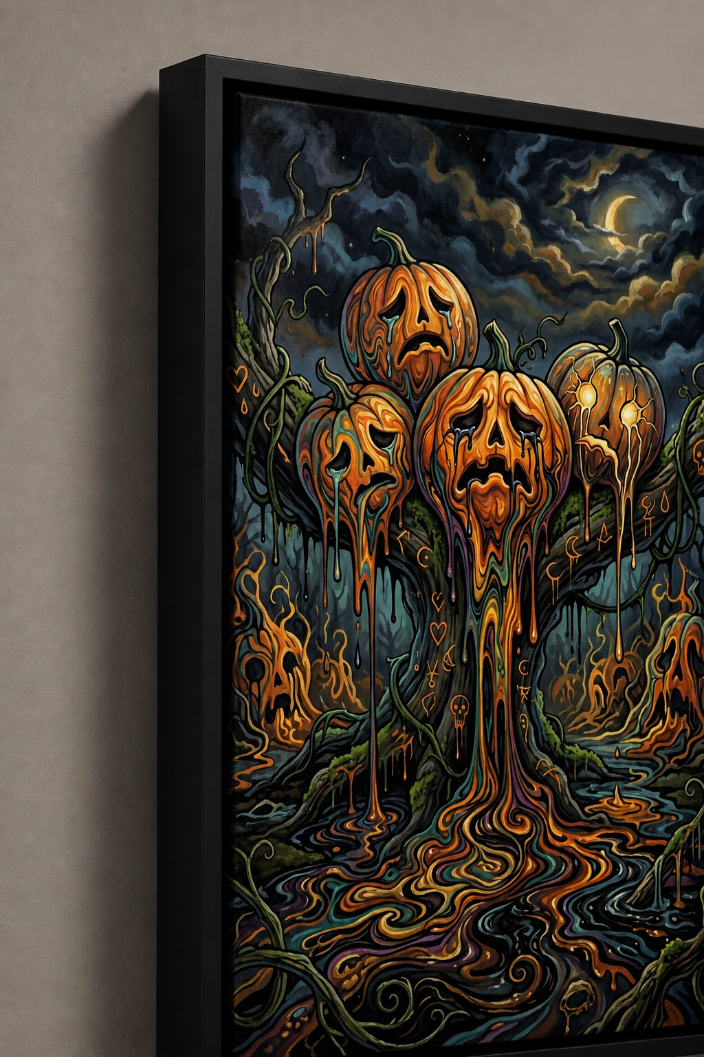 Weeping Pumpkin Grove Halloween canvas wall art - Black Frame floating-gap detail
