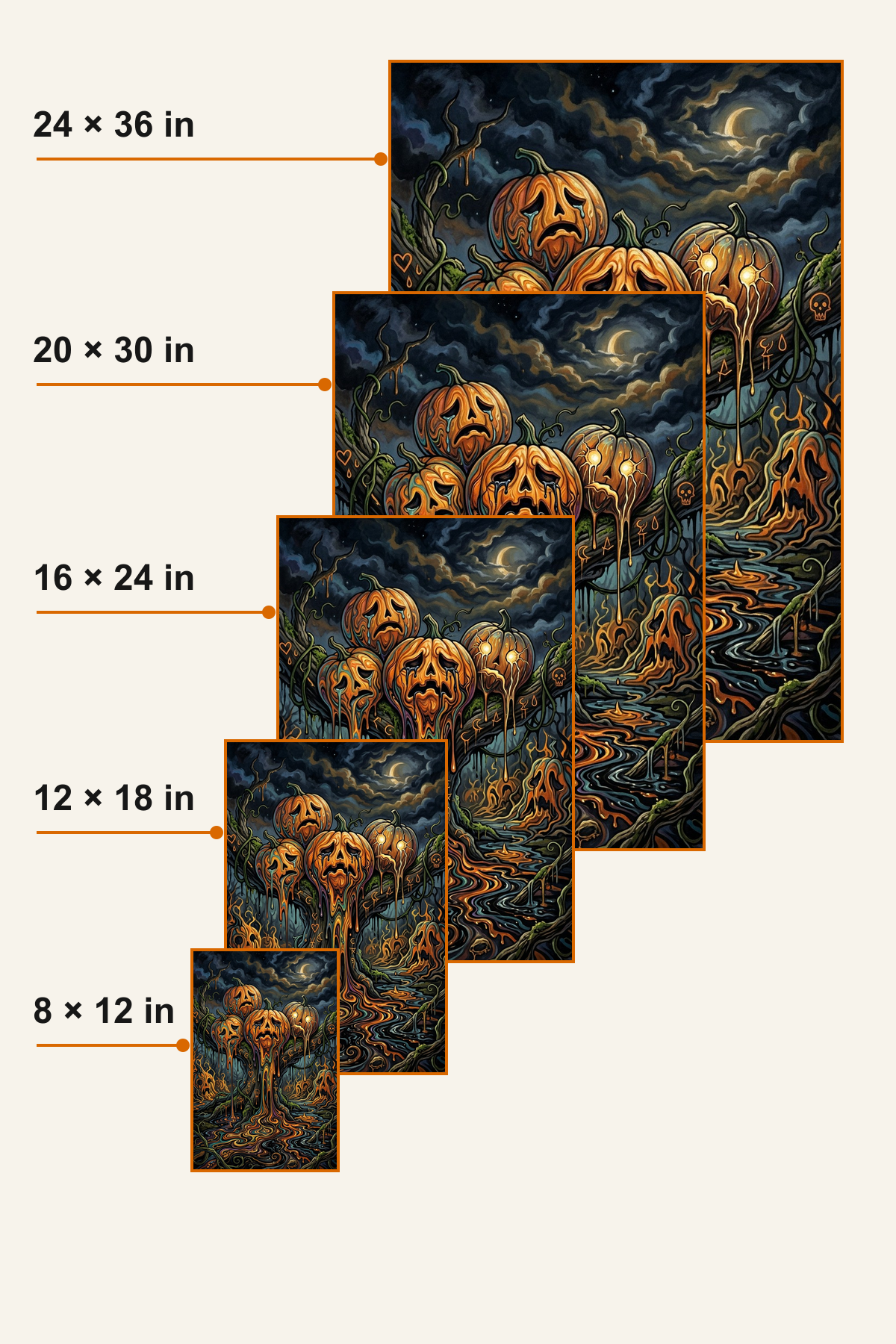 Weeping Pumpkin Grove Halloween canvas wall art - five-size comparison guide