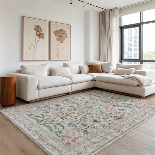 Pink Wildflower Washable Area Rug, Floral Botanical Non Slip Low Pile Rug for Living Room