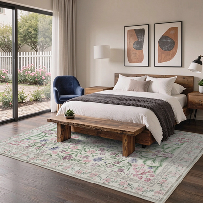 Pink Wildflower Washable Area Rug, Floral Botanical Non Slip Low Pile Rug for Living Room