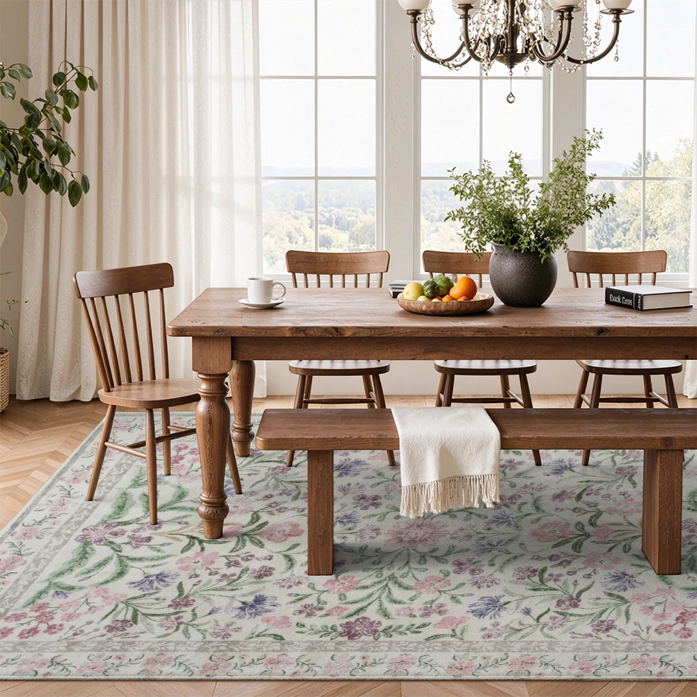Pink Wildflower Washable Area Rug, Floral Botanical Non Slip Low Pile Rug for Living Room
