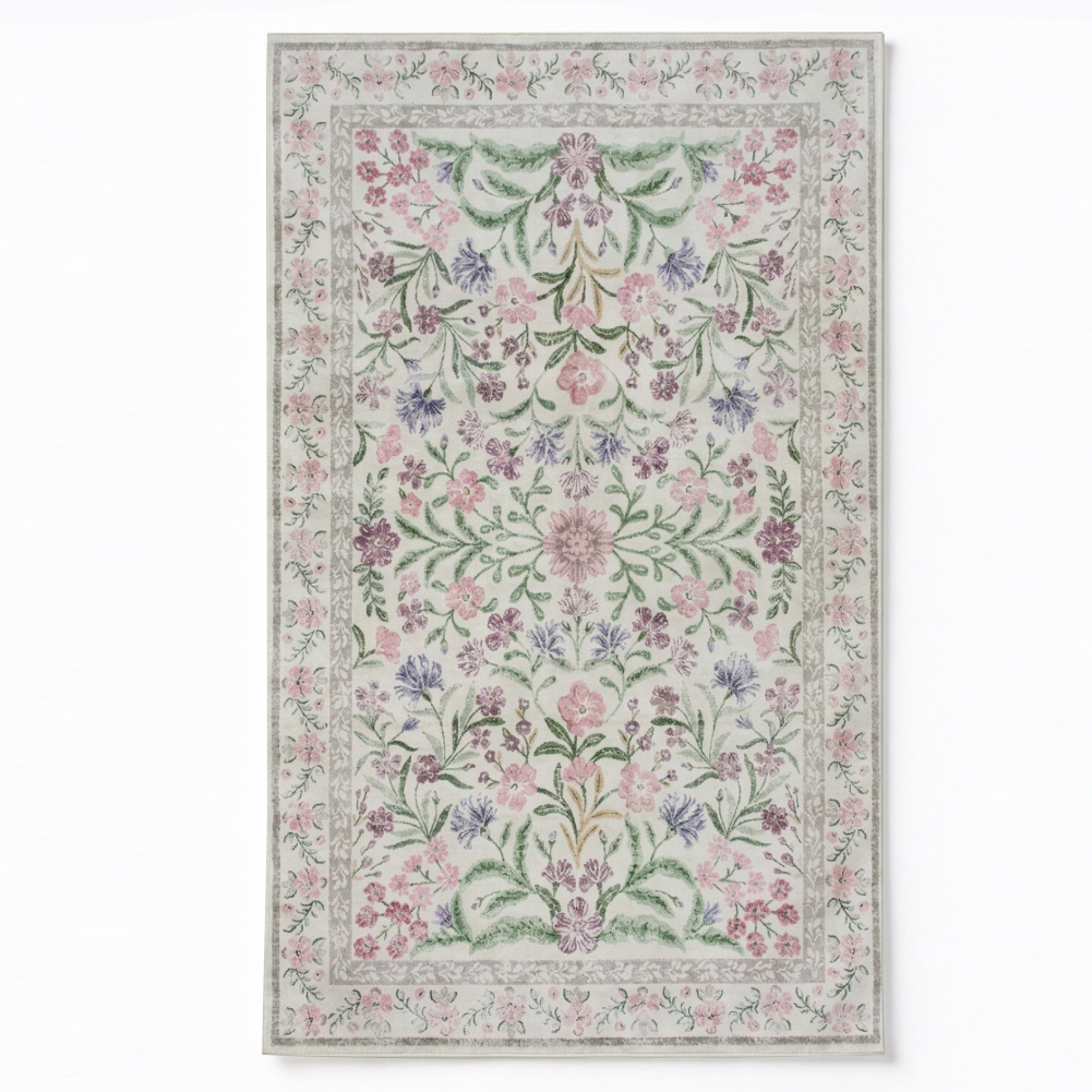 Pink Wildflower Washable Area Rug, Floral Botanical Non Slip Low Pile Rug for Living Room