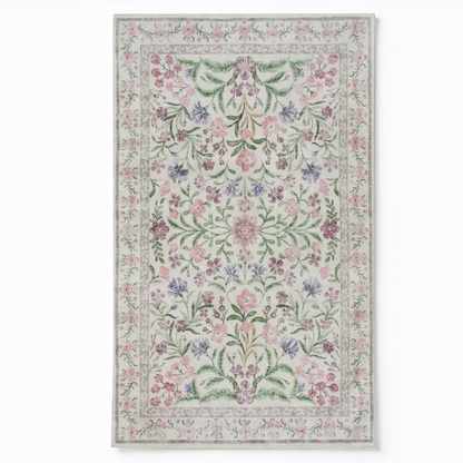 Pink Wildflower Washable Area Rug, Floral Botanical Non Slip Low Pile Rug for Living Room