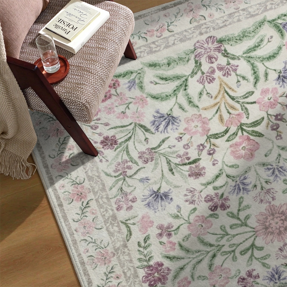 Pink Wildflower Washable Area Rug, Floral Botanical Non Slip Low Pile Rug for Living Room