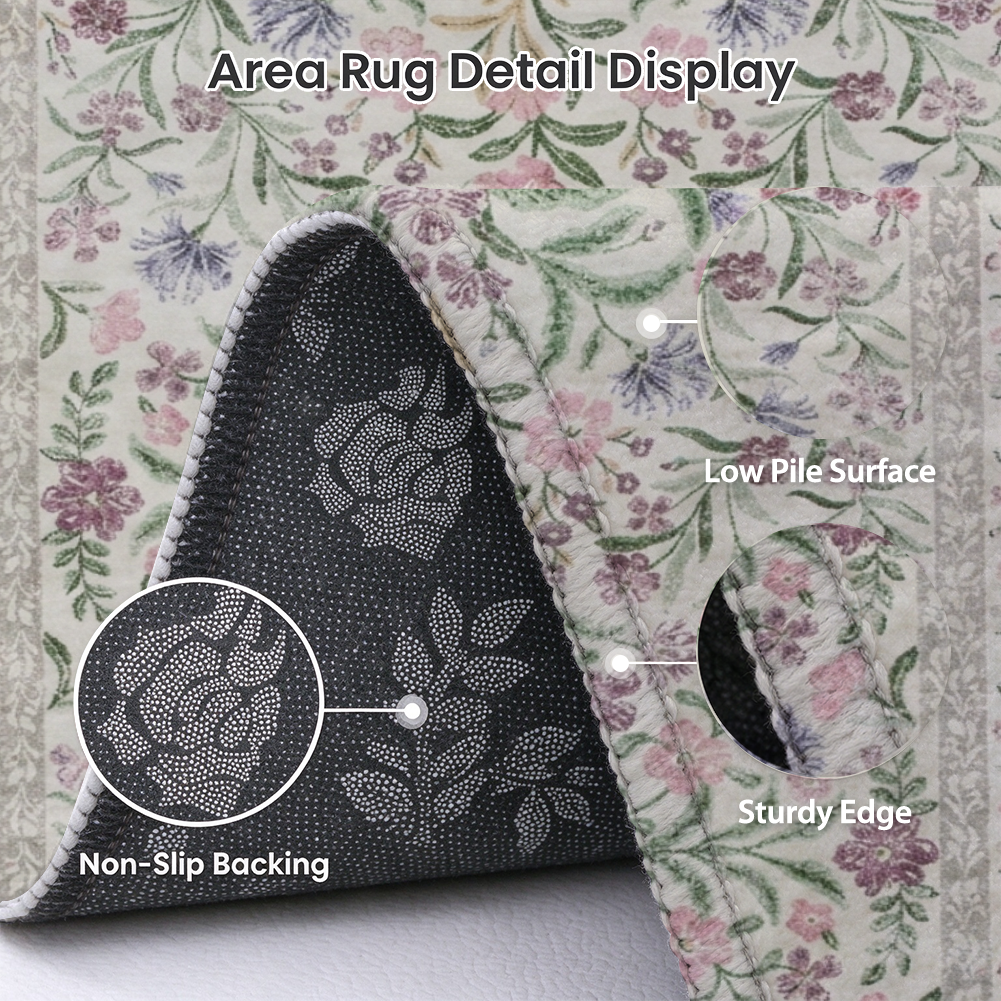 Pink Wildflower Washable Area Rug, Floral Botanical Non Slip Low Pile Rug for Living Room