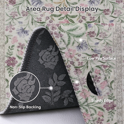 Pink Wildflower Washable Area Rug, Floral Botanical Non Slip Low Pile Rug for Living Room