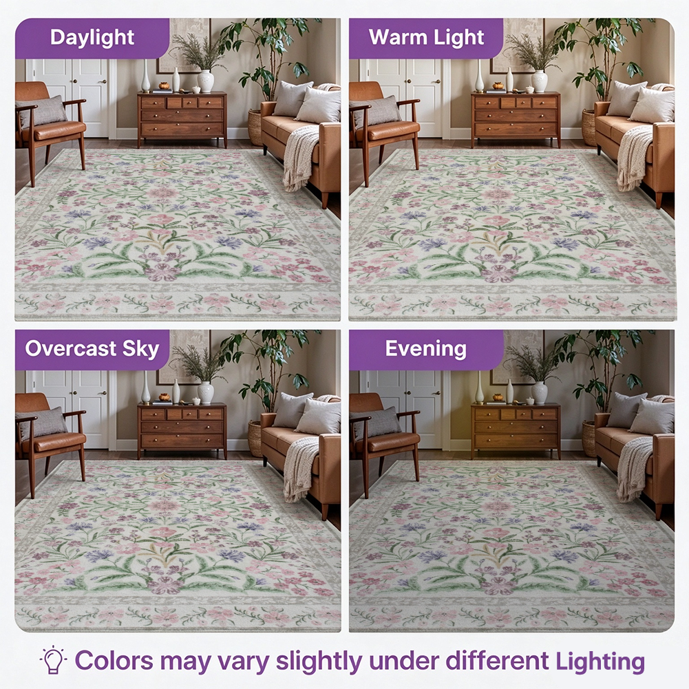 Pink Wildflower Washable Area Rug, Floral Botanical Non Slip Low Pile Rug for Living Room