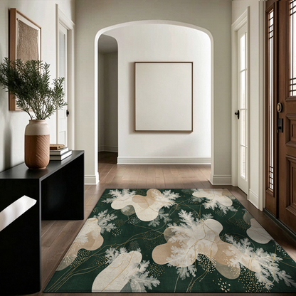 Woodland Winter Washable Area Rug, Dark Green Botanical Non Slip Rug for Bedroom