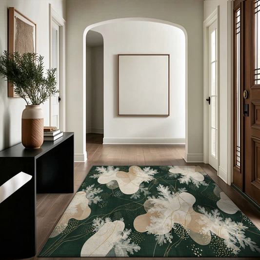 Woodland Winter Washable Area Rug, Dark Green Botanical Non Slip Rug for Bedroom