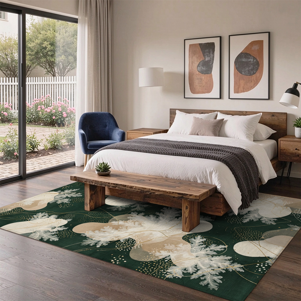 Woodland Winter Washable Area Rug, Dark Green Botanical Non Slip Rug for Bedroom