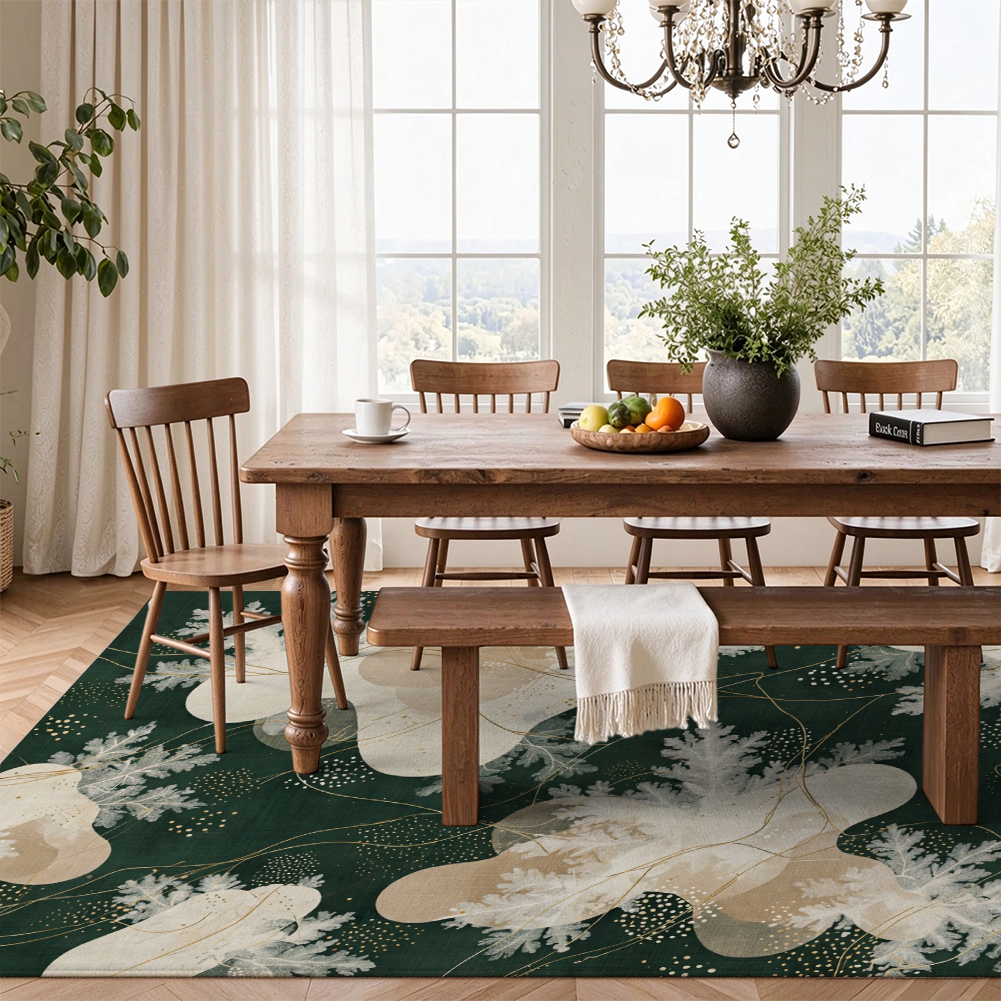 Woodland Winter Washable Area Rug, Dark Green Botanical Non Slip Rug for Bedroom