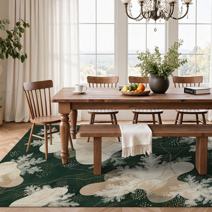 Woodland Winter Washable Area Rug, Dark Green Botanical Non Slip Rug for Bedroom