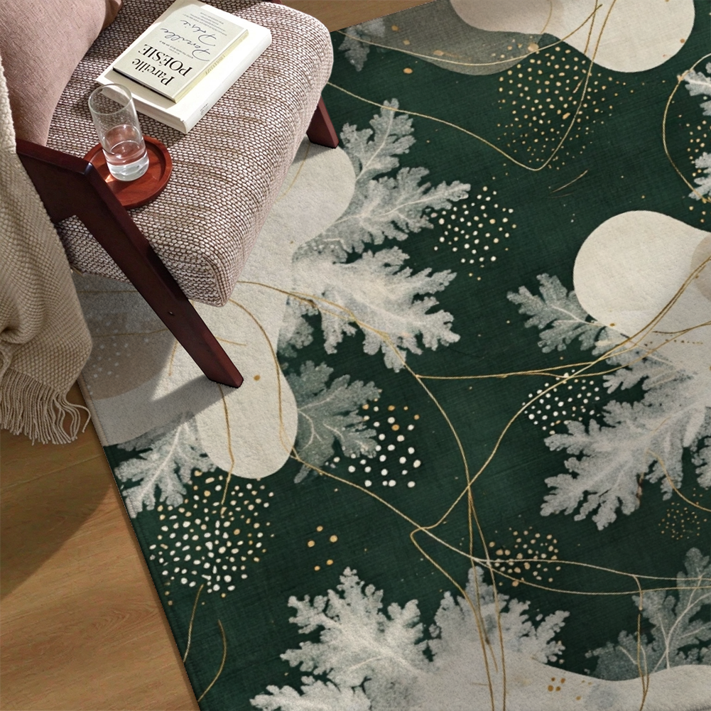 Woodland Winter Washable Area Rug, Dark Green Botanical Non Slip Rug for Bedroom
