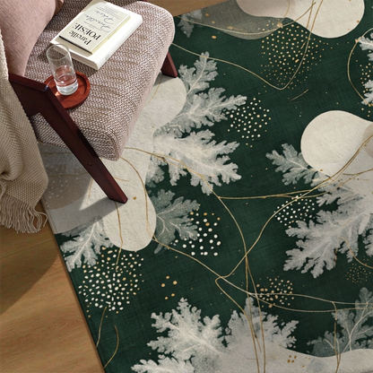 Woodland Winter Washable Area Rug, Dark Green Botanical Non Slip Rug for Bedroom