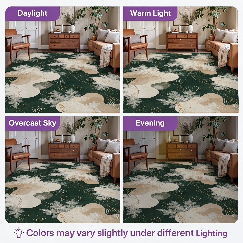 Woodland Winter Washable Area Rug, Dark Green Botanical Non Slip Rug for Bedroom