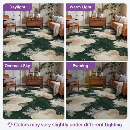 Woodland Winter Washable Area Rug, Dark Green Botanical Non Slip Rug for Bedroom
