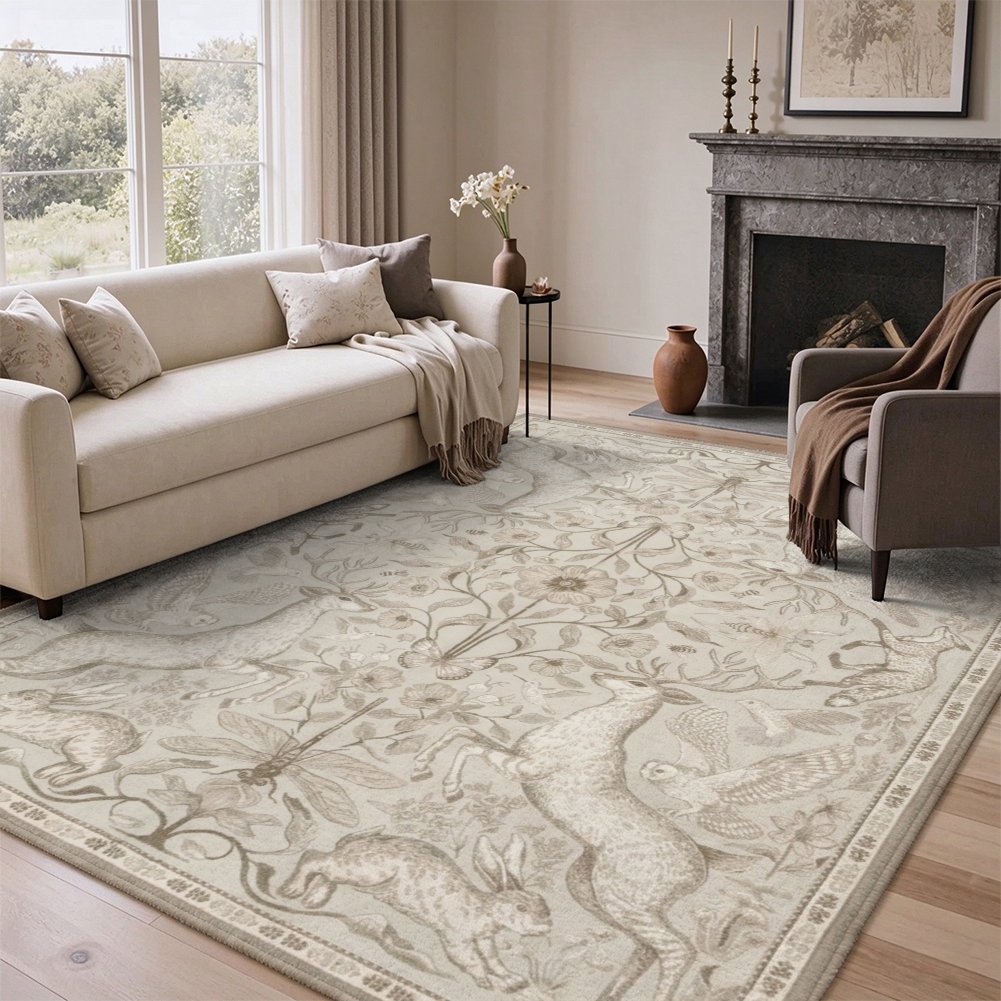 Woodland Animals Washable Area Rug, Beige Deer Rabbit Owl Botanical Non Slip Rug for Living Room