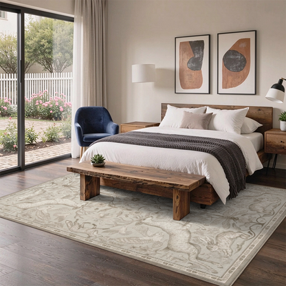 Woodland Animals Washable Area Rug, Beige Deer Rabbit Owl Botanical Non Slip Rug for Living Room