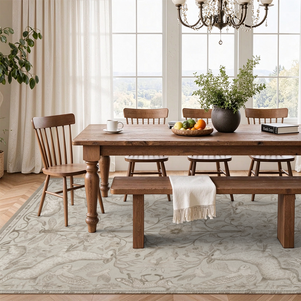 Woodland Animals Washable Area Rug, Beige Deer Rabbit Owl Botanical Non Slip Rug for Living Room
