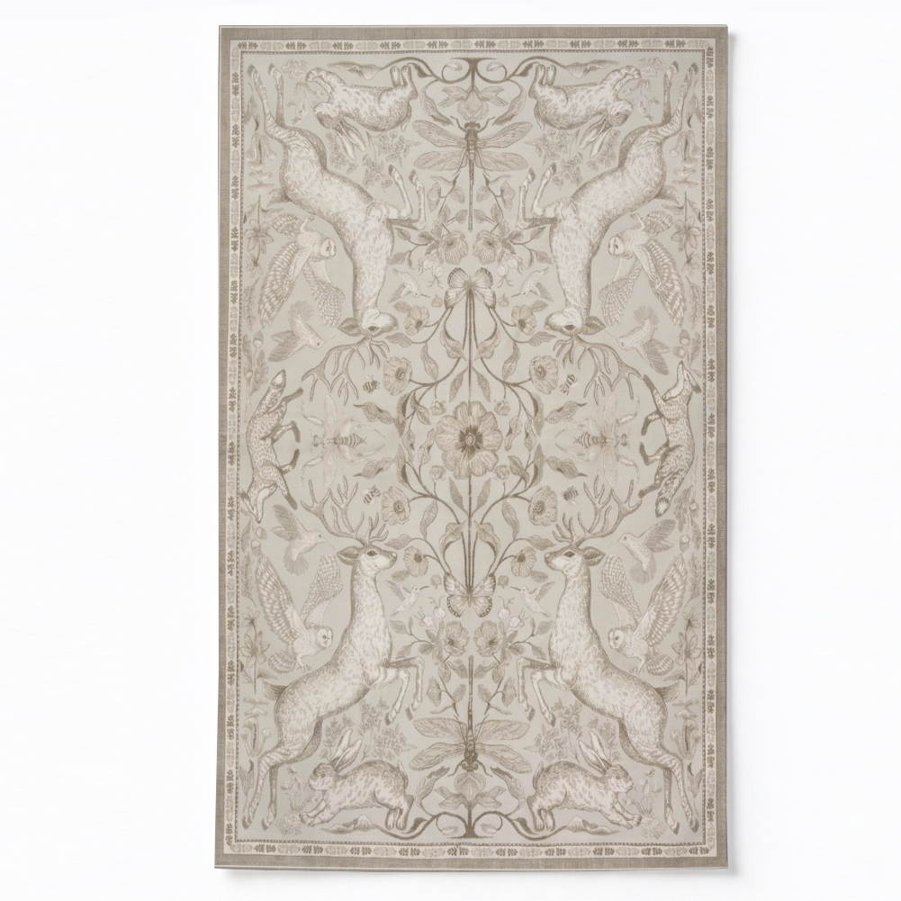 Woodland Animals Washable Area Rug, Beige Deer Rabbit Owl Botanical Non Slip Rug for Living Room