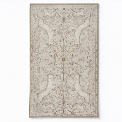 Woodland Animals Washable Area Rug, Beige Deer Rabbit Owl Botanical Non Slip Rug for Living Room