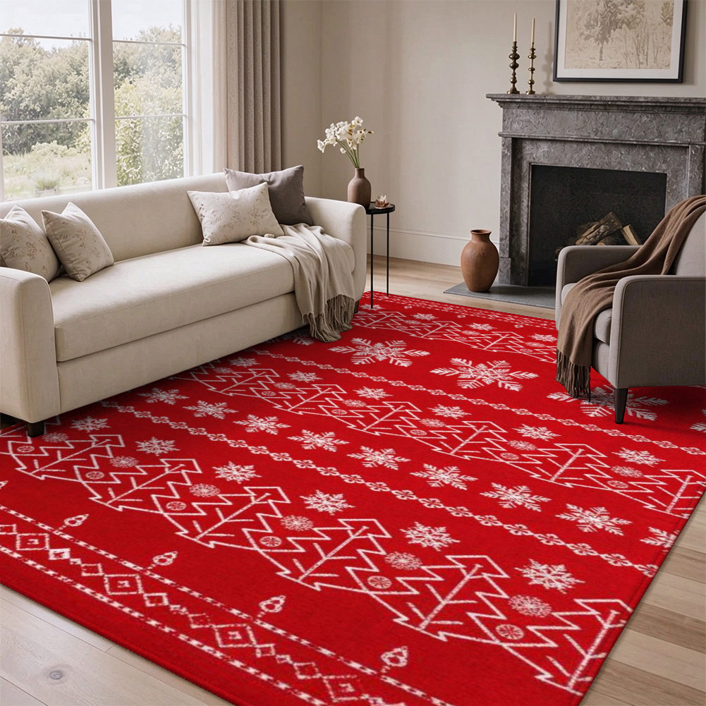 Red Christmas Tree Washable Area Rug, Red White Snowflake Non Slip Holiday Rug for Living Room