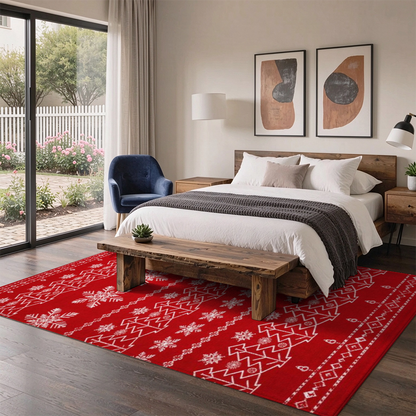 Red Christmas Tree Washable Area Rug, Red White Snowflake Non Slip Holiday Rug for Living Room