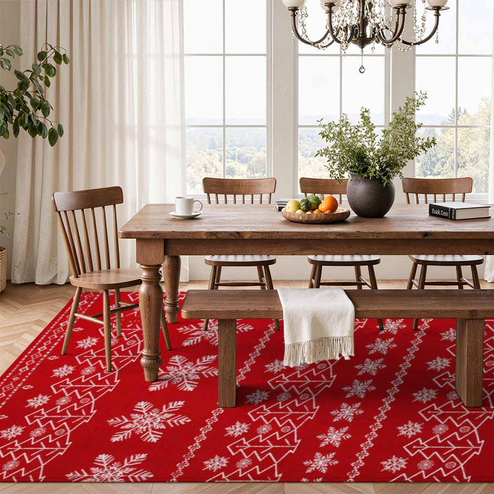 Red Christmas Tree Washable Area Rug, Red White Snowflake Non Slip Holiday Rug for Living Room