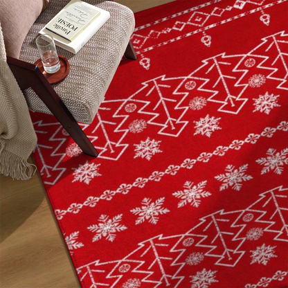 Red Christmas Tree Washable Area Rug, Red White Snowflake Non Slip Holiday Rug for Living Room