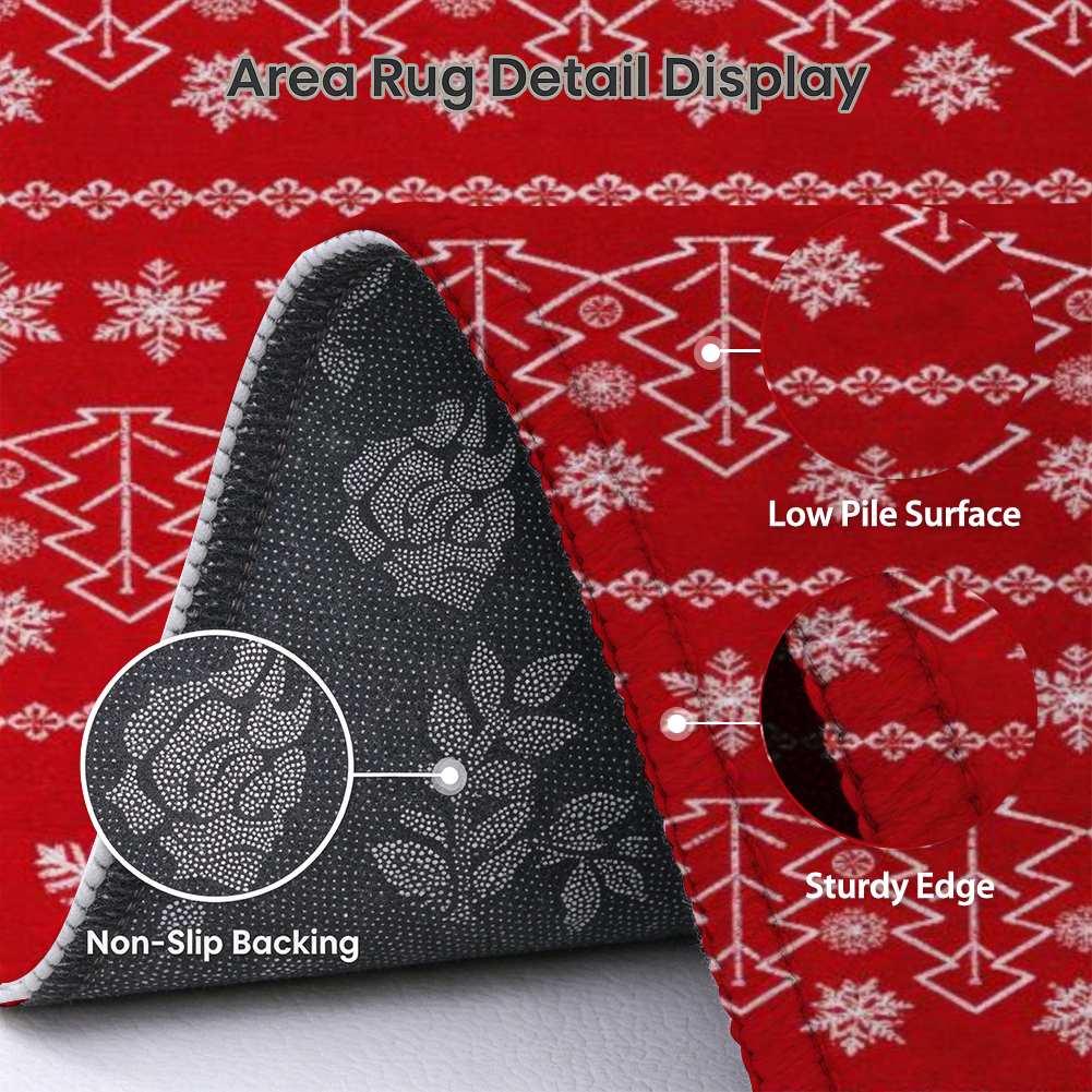 Red Christmas Tree Washable Area Rug, Red White Snowflake Non Slip Holiday Rug for Living Room